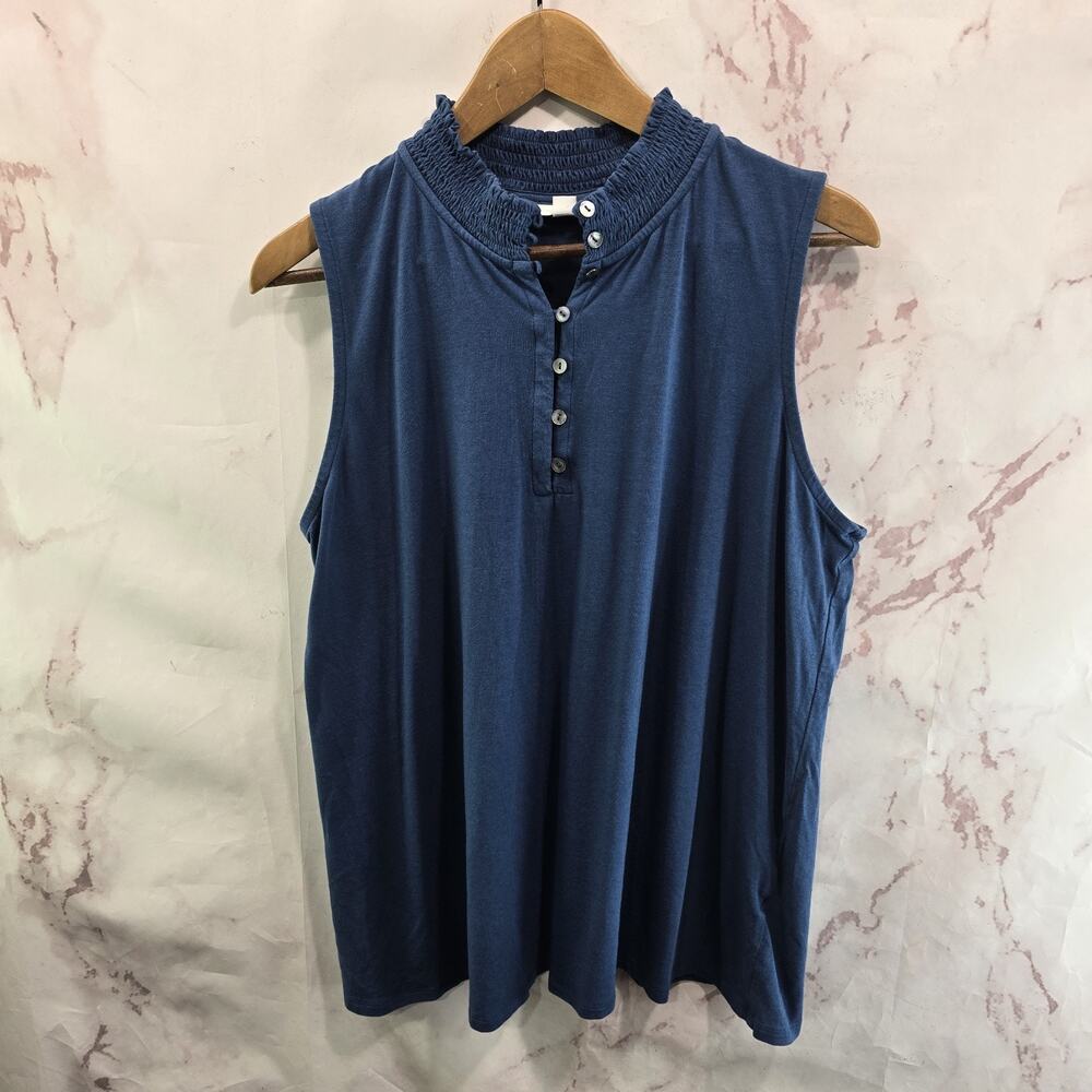 J Jill Shirt Womens Large Blue Tank Top Smocked Henley V Jersey Modal Soft